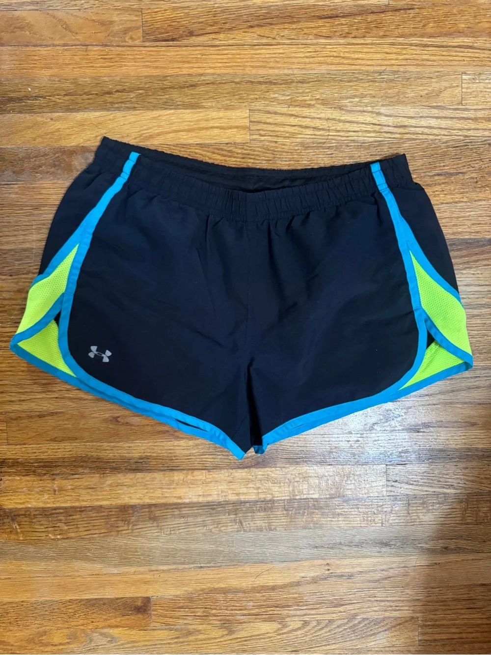 Under Armour Black Athletic Shorts with Blue Trim and Lime Panels
